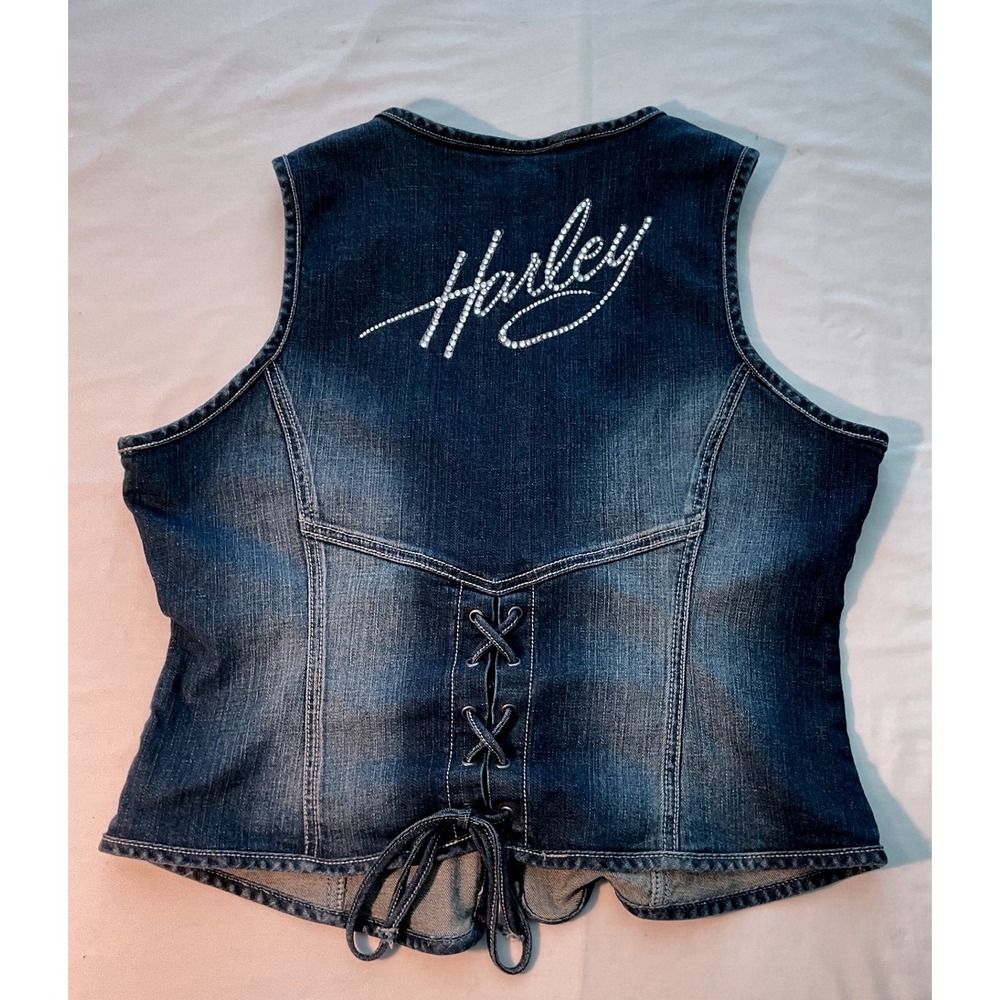 Vintage Harley-Davidson Womens Denim Rhinestone Zip Front Lace Up Back Vest XL